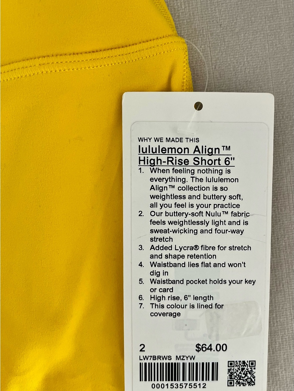 NWT Llululemon Align ™
High Rise Short 6” Size 2 Maize Yellow - Picture 2 of 6